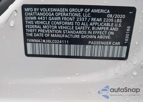 2020 Volkswagen Passat 2.0T R-Line из США, поврежденный, VIN 1VWMA7A36LC024111